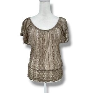Julie's Closet Sheer Lace Top M Taupe Boho‎ Romantic Dainty Whimsy Y2K USA